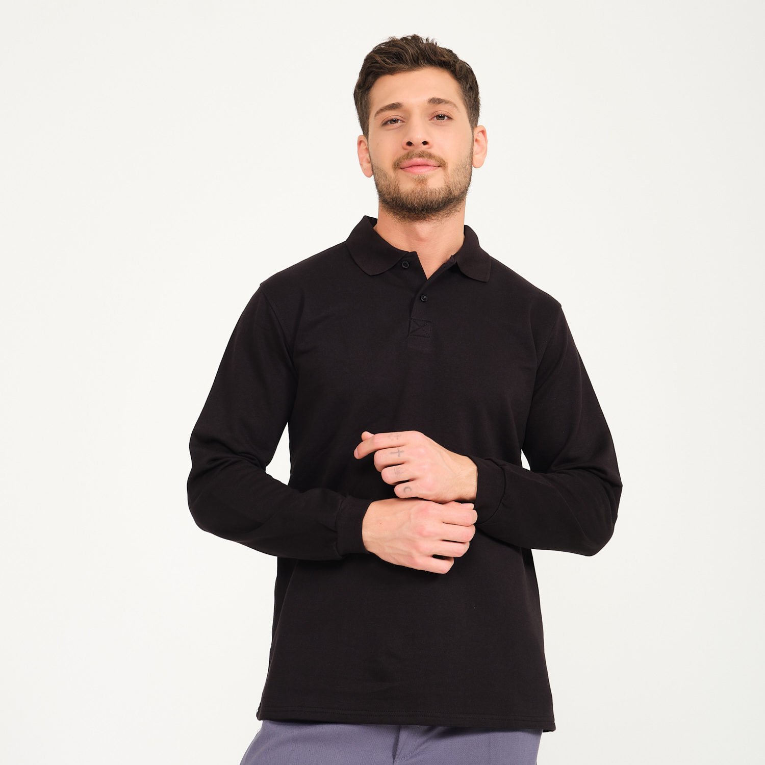 Siyah İki İplik Sweatshirt - Polo Yaka