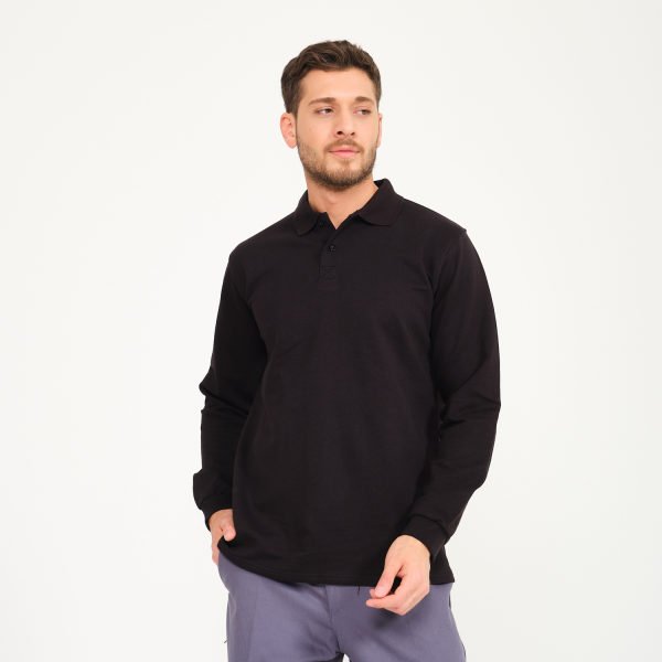 Siyah İki İplik Sweatshirt - Polo Yaka