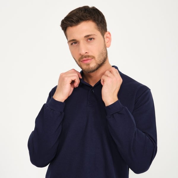 Lacivert İki İplik Sweatshirt - Polo Yaka