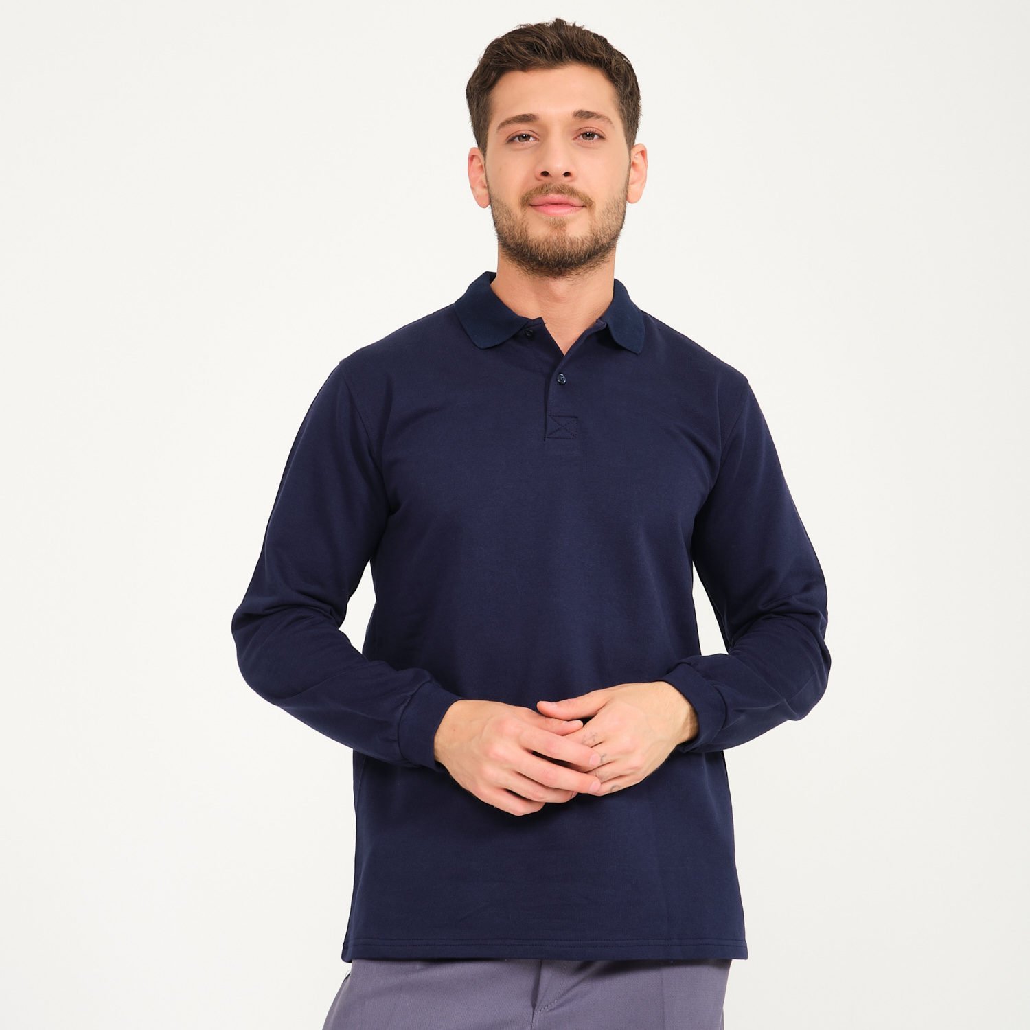 Lacivert İki İplik Sweatshirt - Polo Yaka