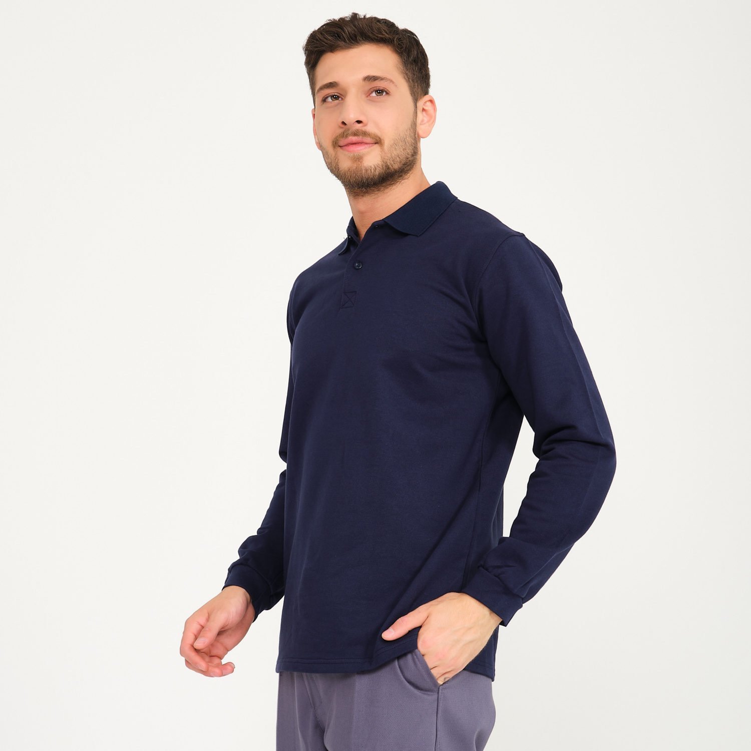 Lacivert İki İplik Sweatshirt - Polo Yaka
