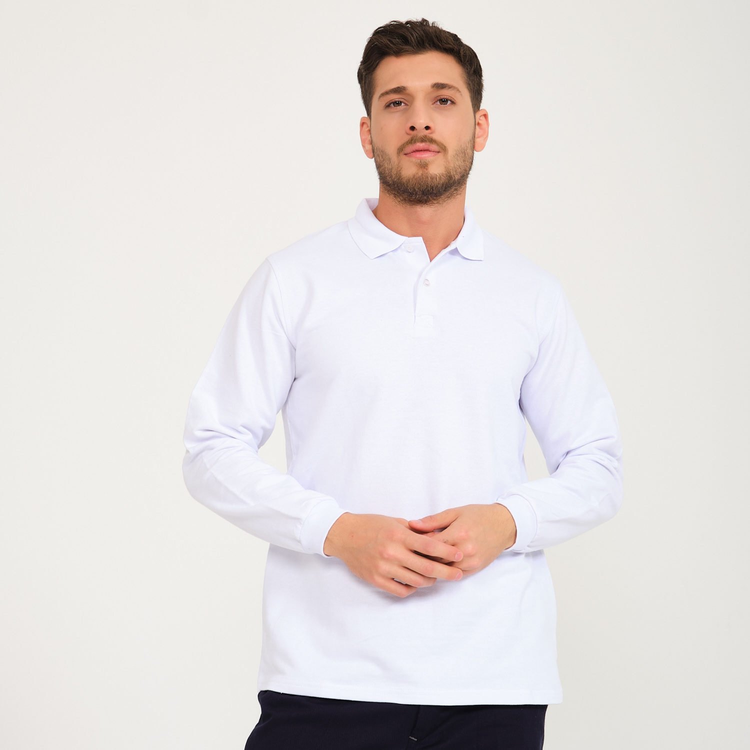 Beyaz İki İplik Sweatshirt - Polo Yaka