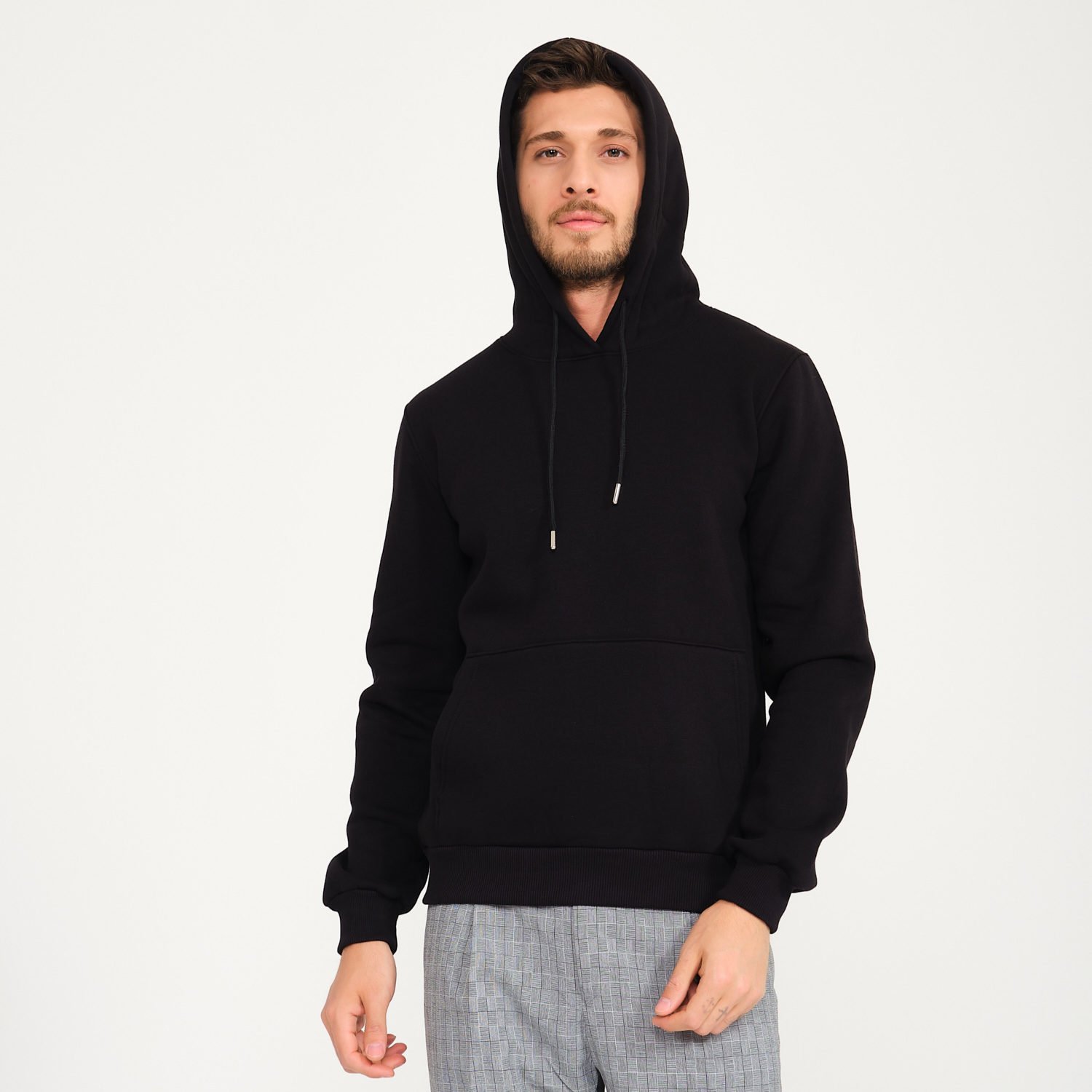 Siyah Üç İplik Kapüşonlu Sweatshirt