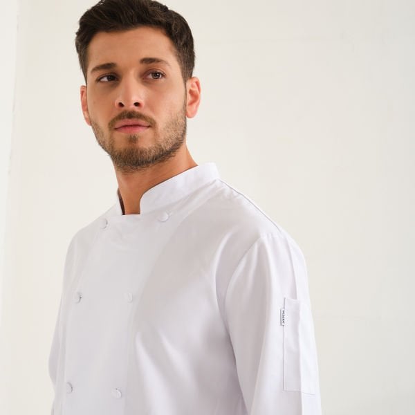 Beyaz Gabardin Düğmeli Hakim Yaka Aşçı Ceketi