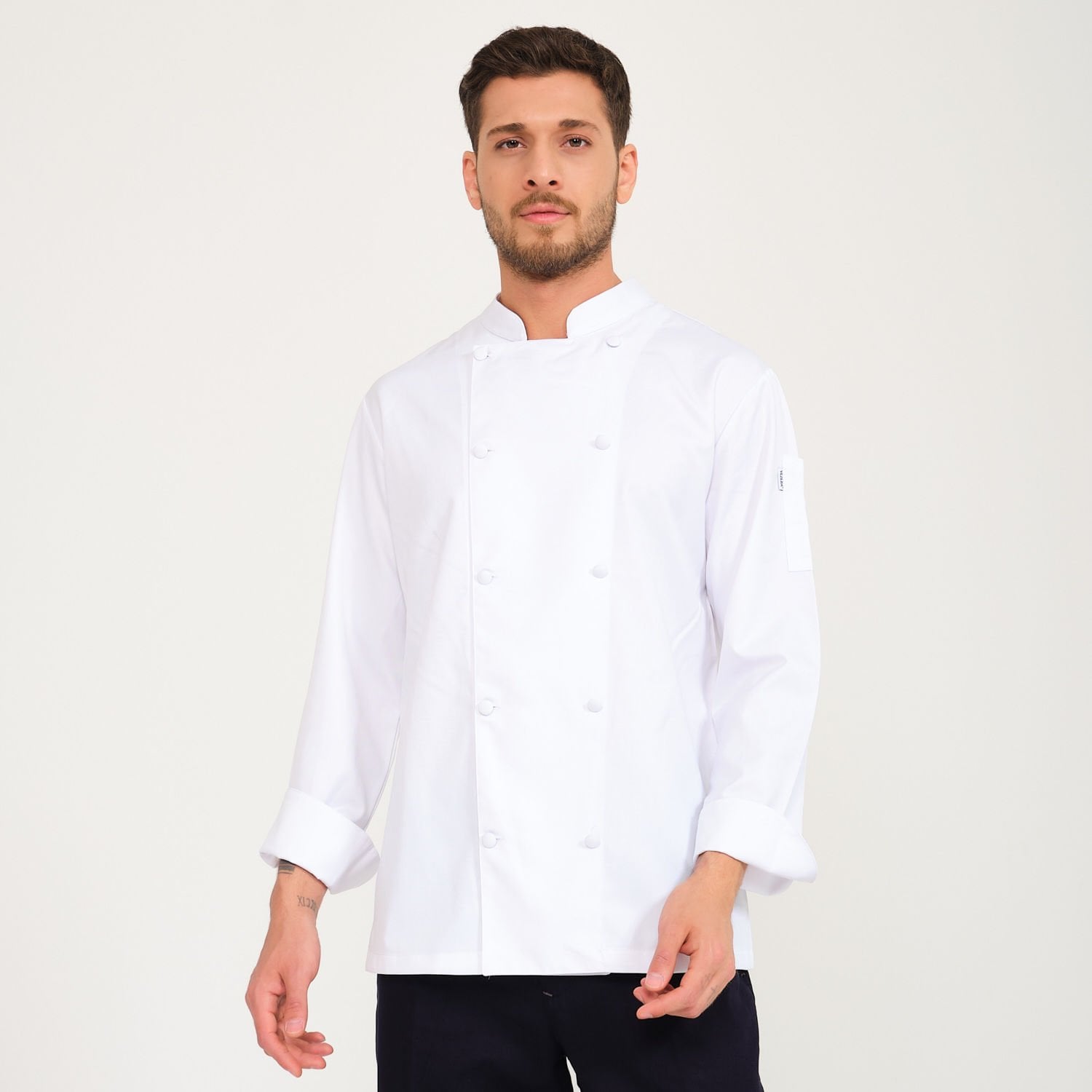 Beyaz Gabardin Düğmeli Hakim Yaka Aşçı Ceketi