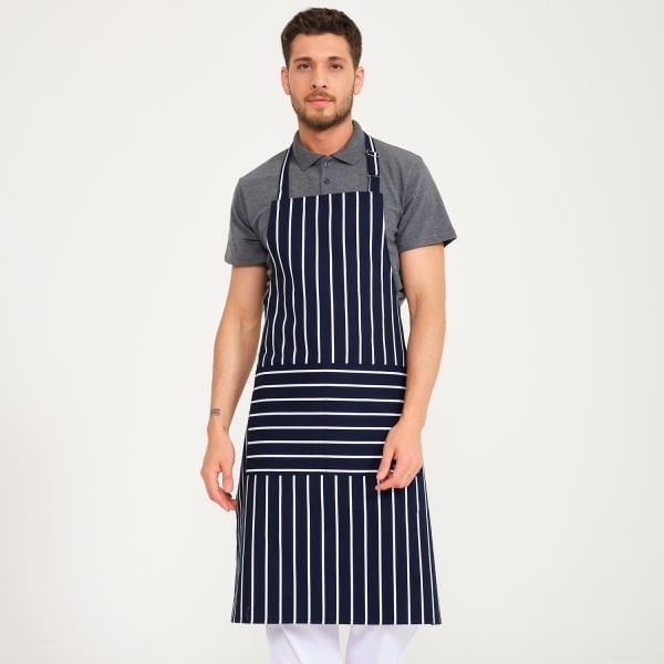 İtalyan Lacivert Çizgi Cepli Askılı Önlük