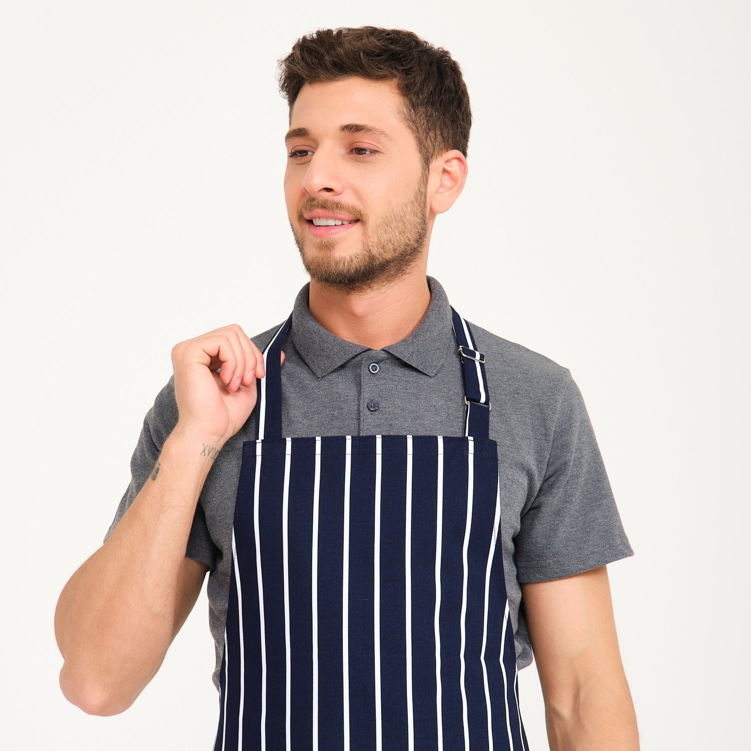 İtalyan Lacivert Çizgi Cepli Askılı Önlük