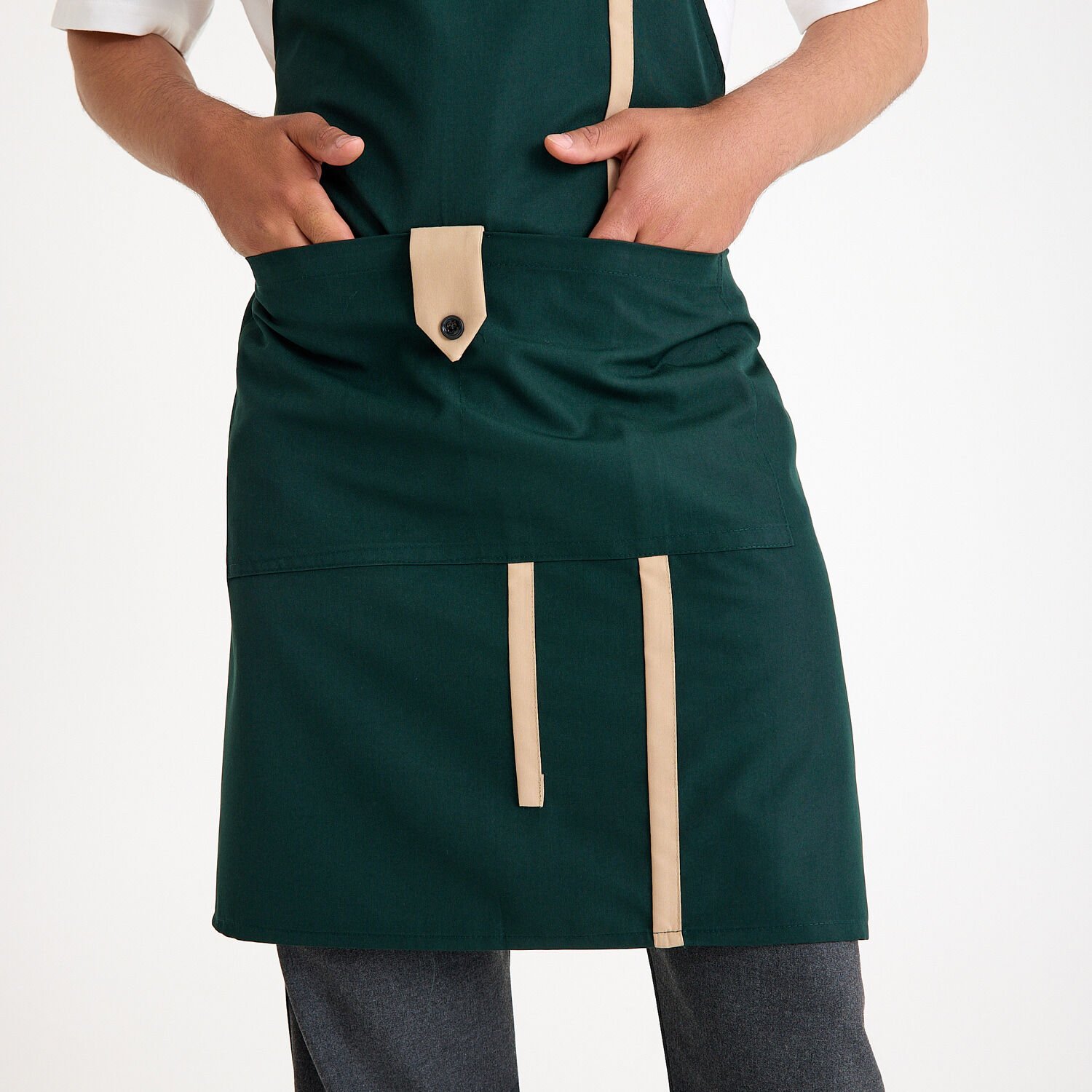 Yeşil Bej Askılı Cepli Önlük