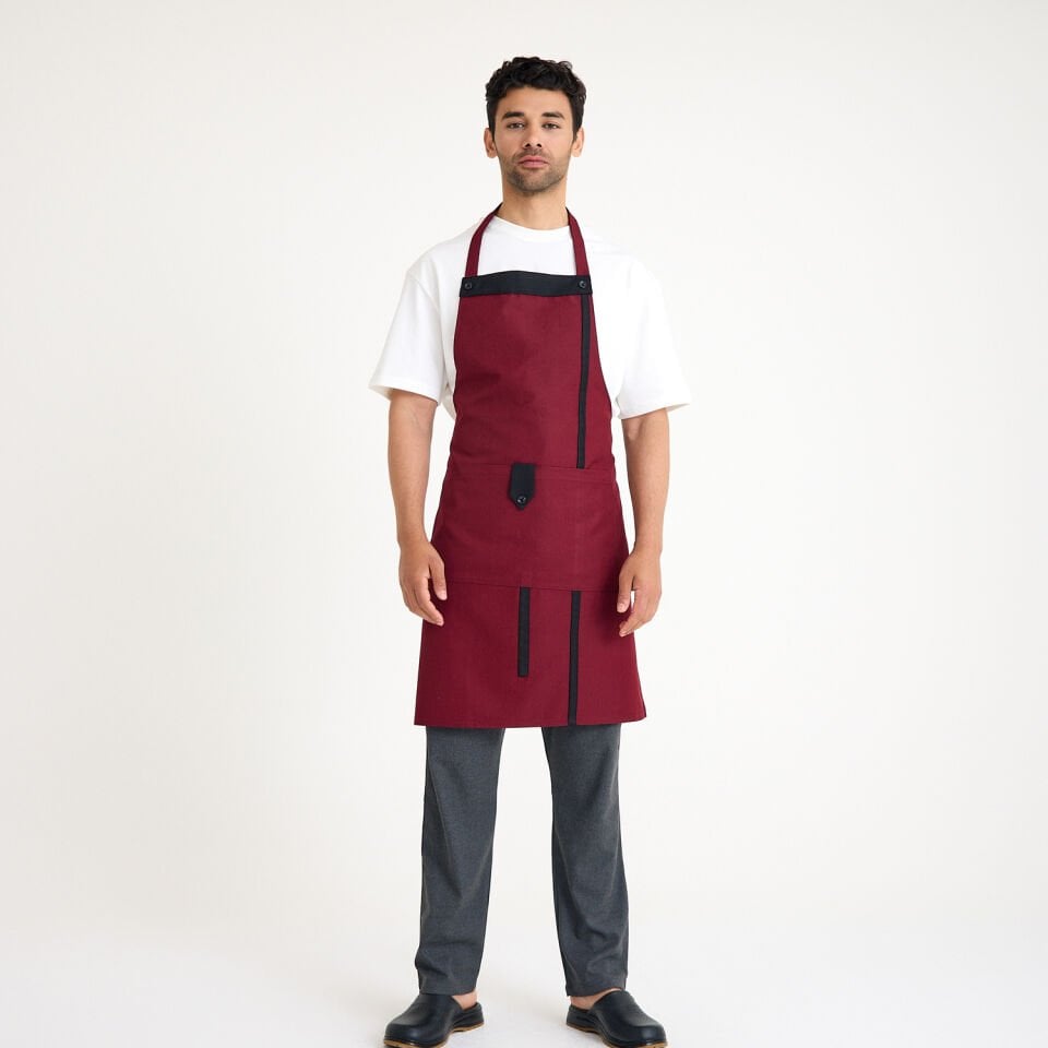 Bordo Siyah Askılı Cepli Önlük