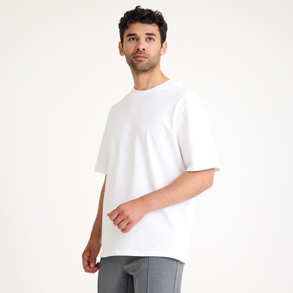 Oversize Bisiklet Yaka İş Tişörtü - Ekru