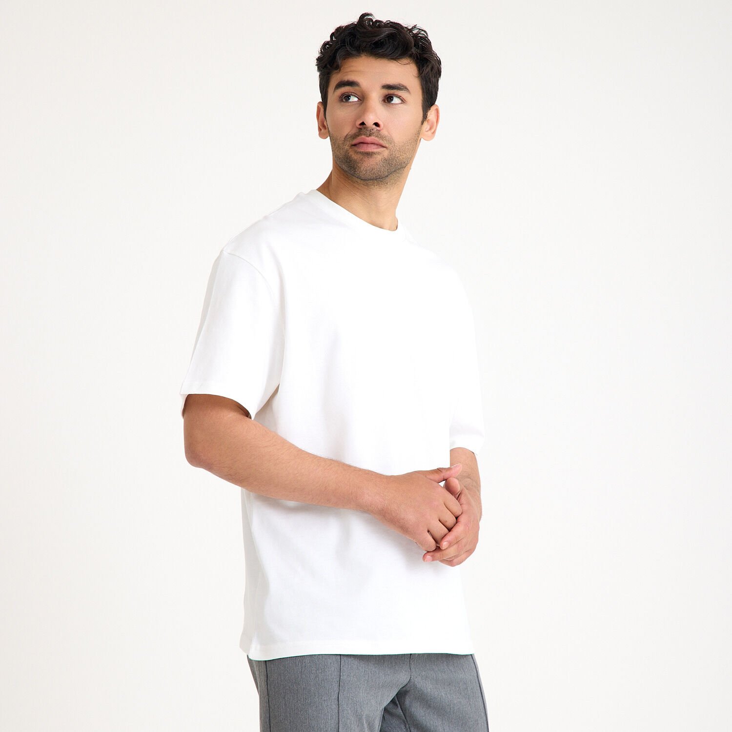 Oversize Bisiklet Yaka İş Tişörtü - Ekru