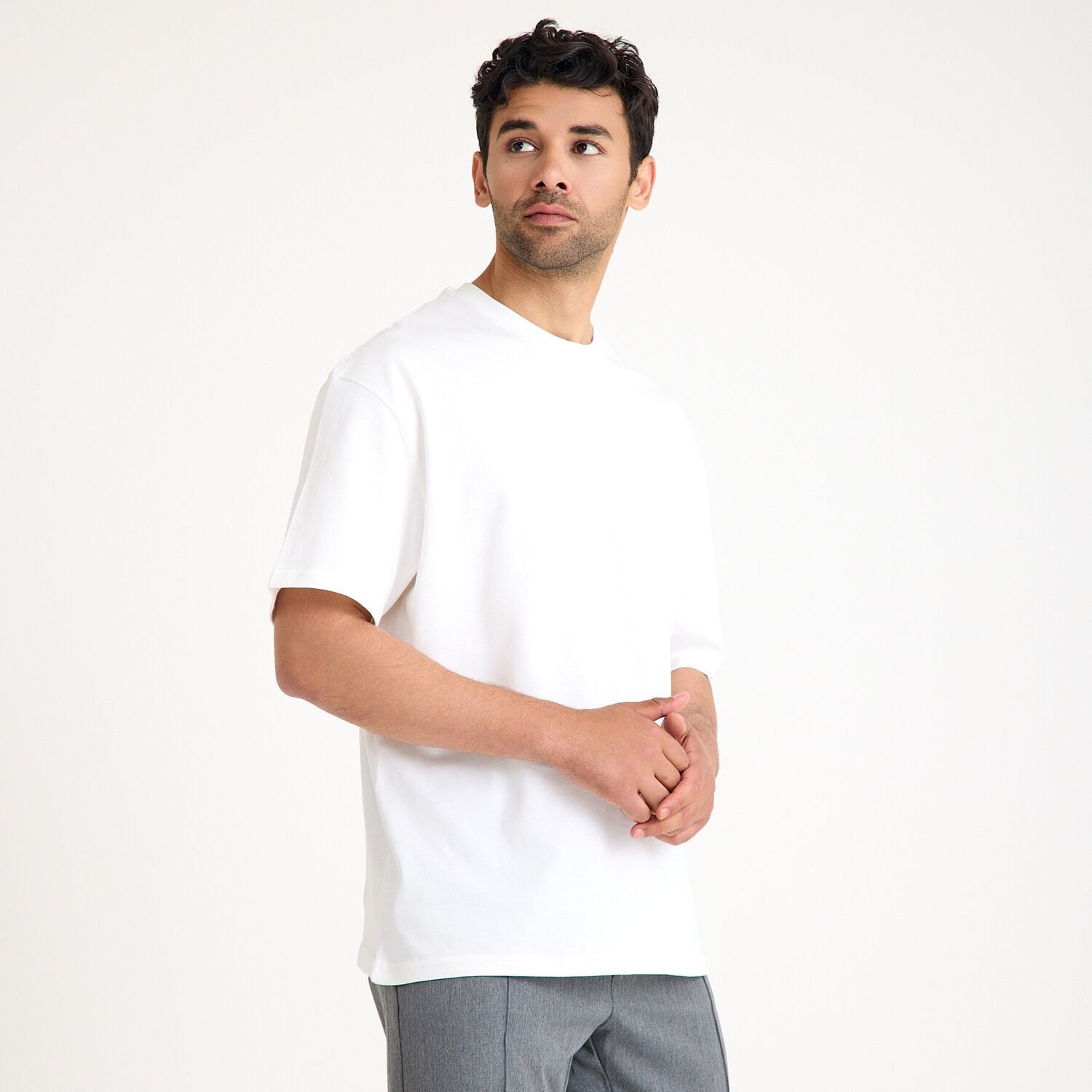 Oversize Bisiklet Yaka İş Tişörtü - Ekru