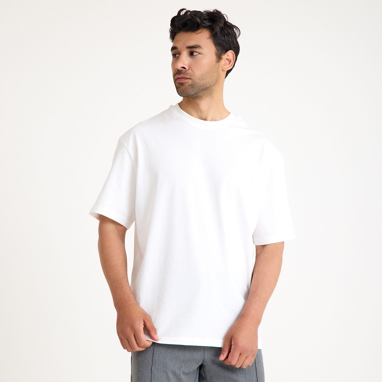 Oversize Bisiklet Yaka İş Tişörtü - Ekru