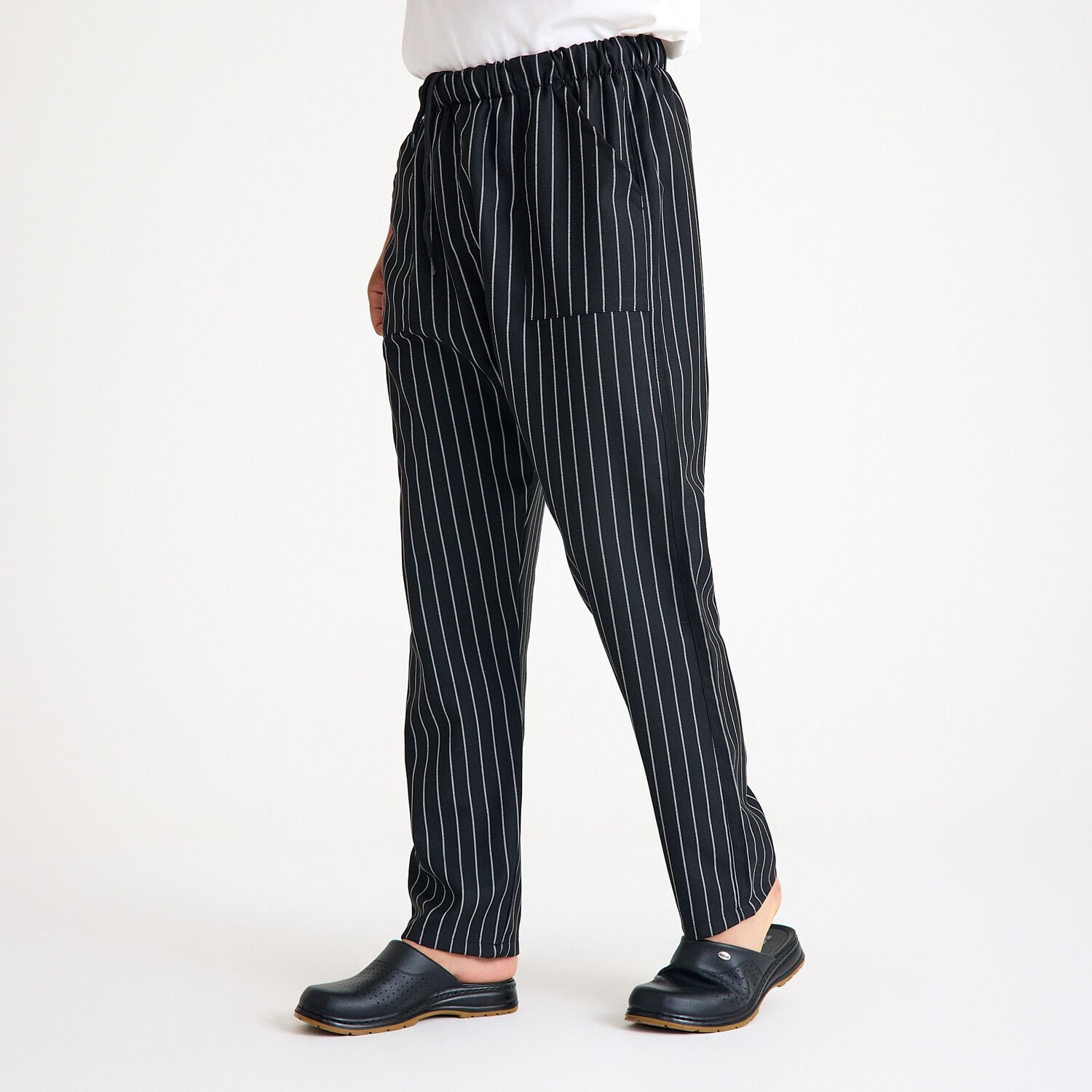 Siyaz Beyaz Çizgili Lastikli Aşçı İş Pantolonu