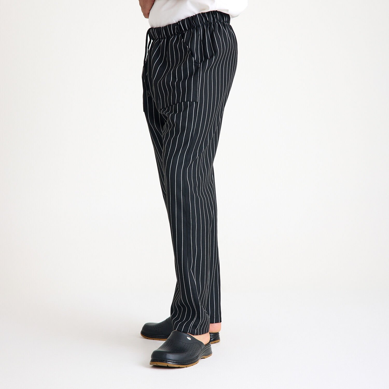 Siyaz Beyaz Çizgili Lastikli Aşçı İş Pantolonu