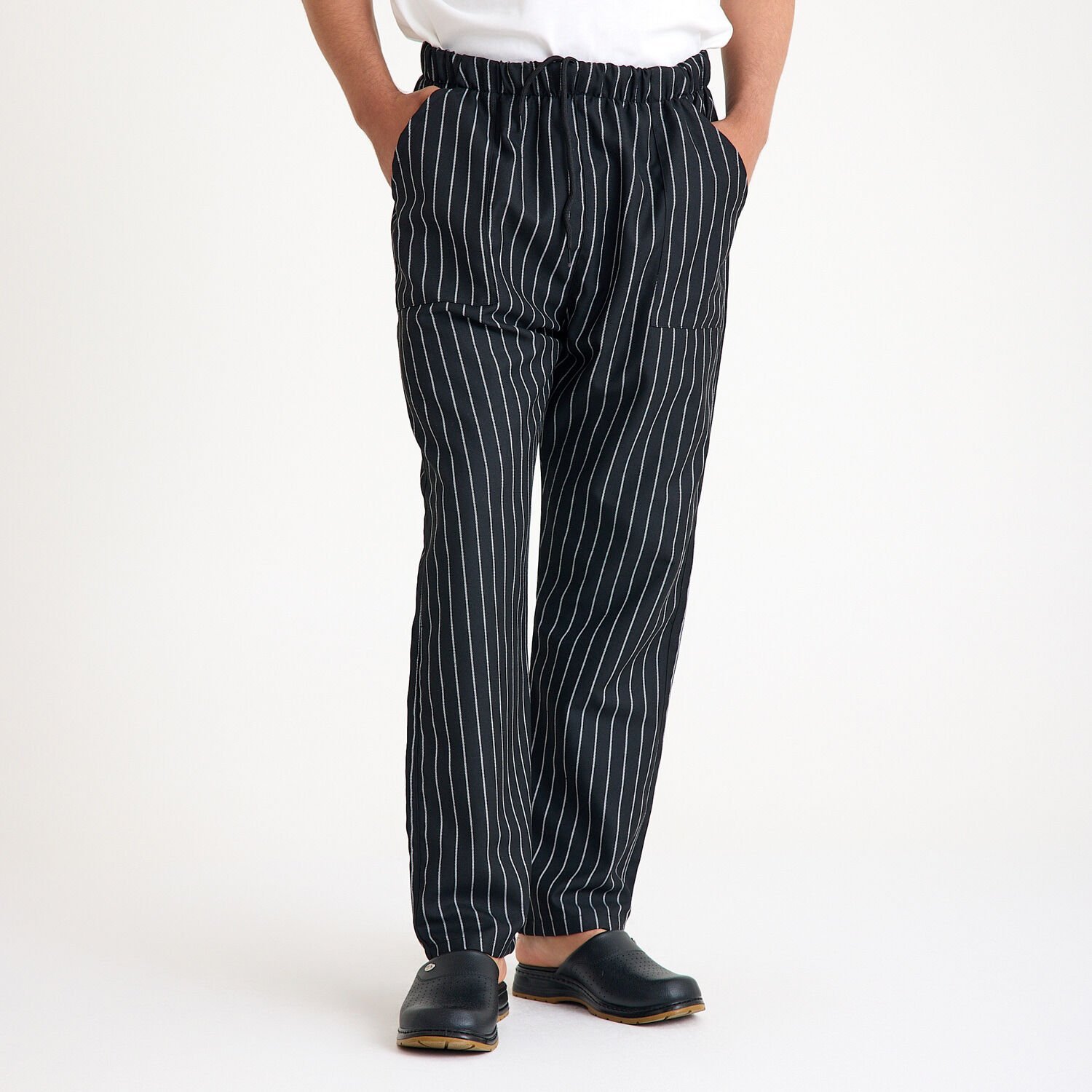 Siyaz Beyaz Çizgili Lastikli Aşçı İş Pantolonu