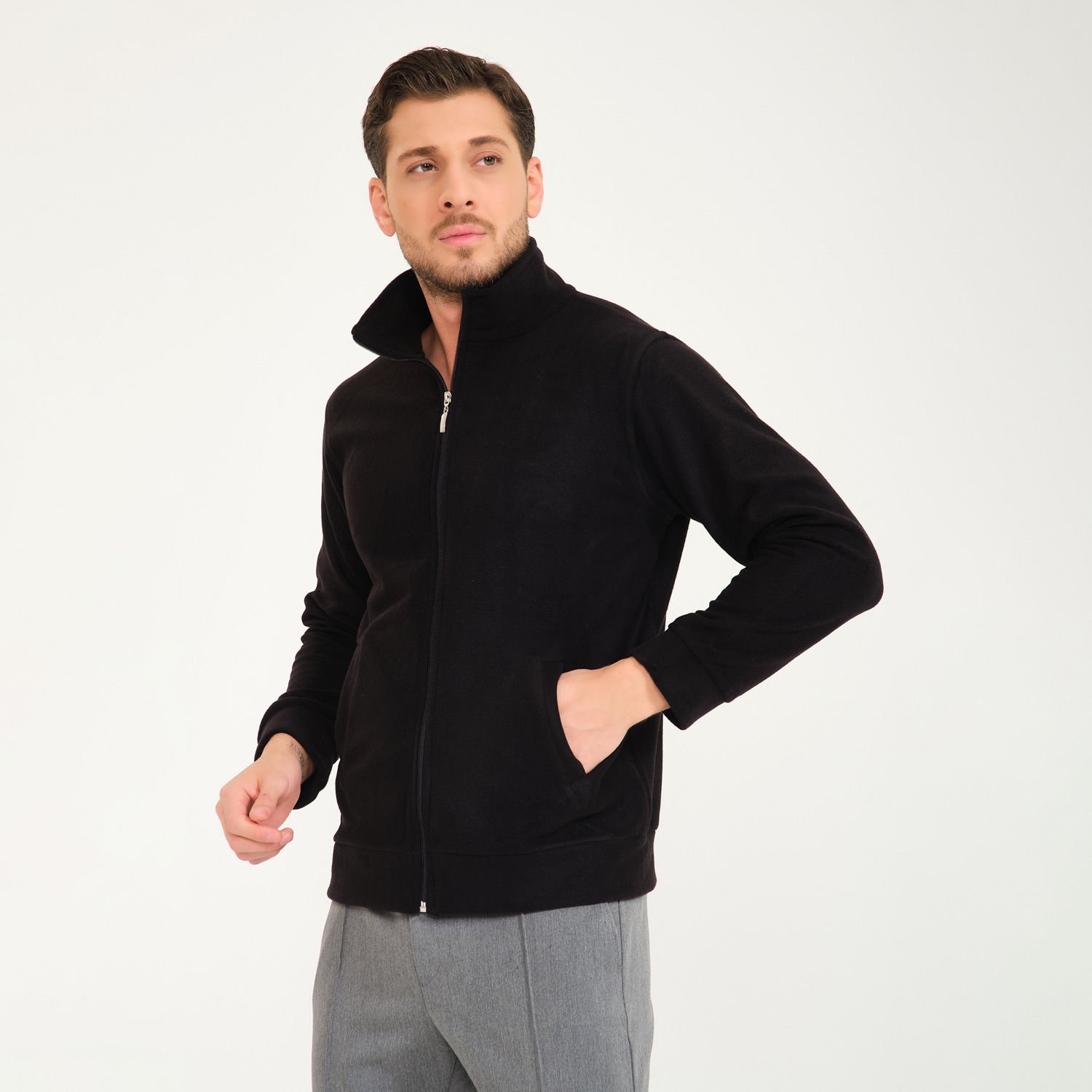 Siyah Balıkçı Yaka Cepli Fermuarlı Polar Mont