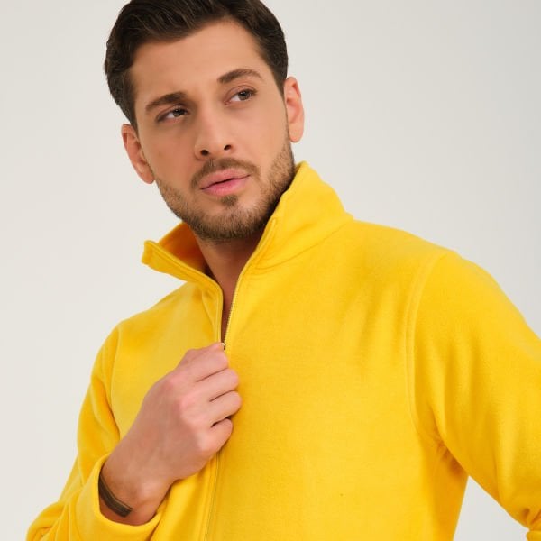 Sarı Balıkçı Yaka Cepli Fermuarlı Polar Mont