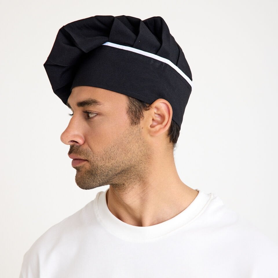 Siyah Beyaz Biyeli Mantar Aşçı Kepi