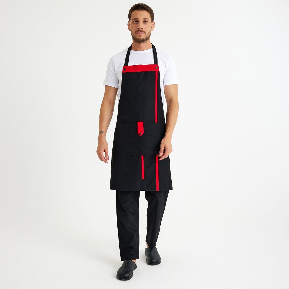 Siyah Kırmızı Askılı Cepli Önlük