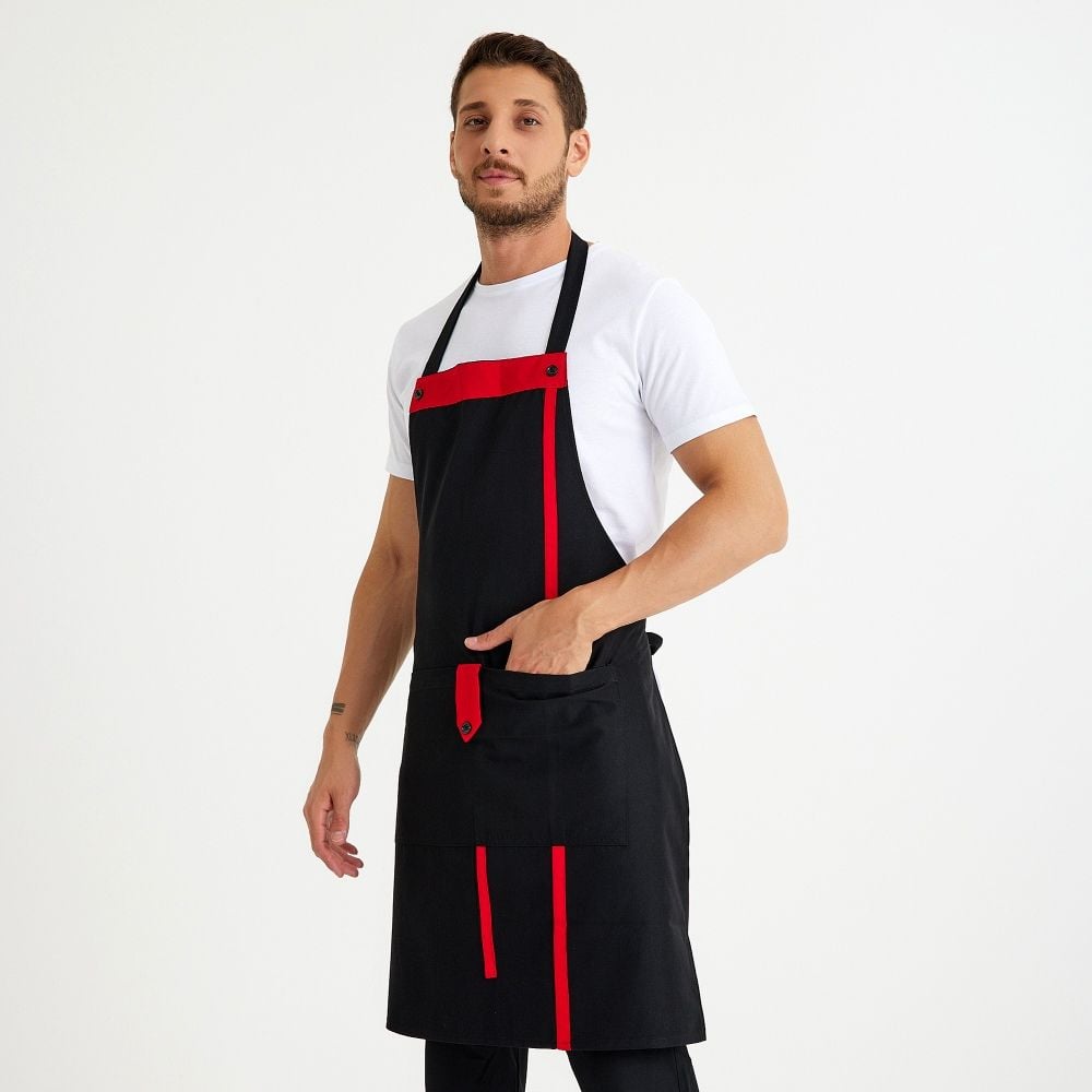 Siyah Kırmızı Askılı Cepli Önlük