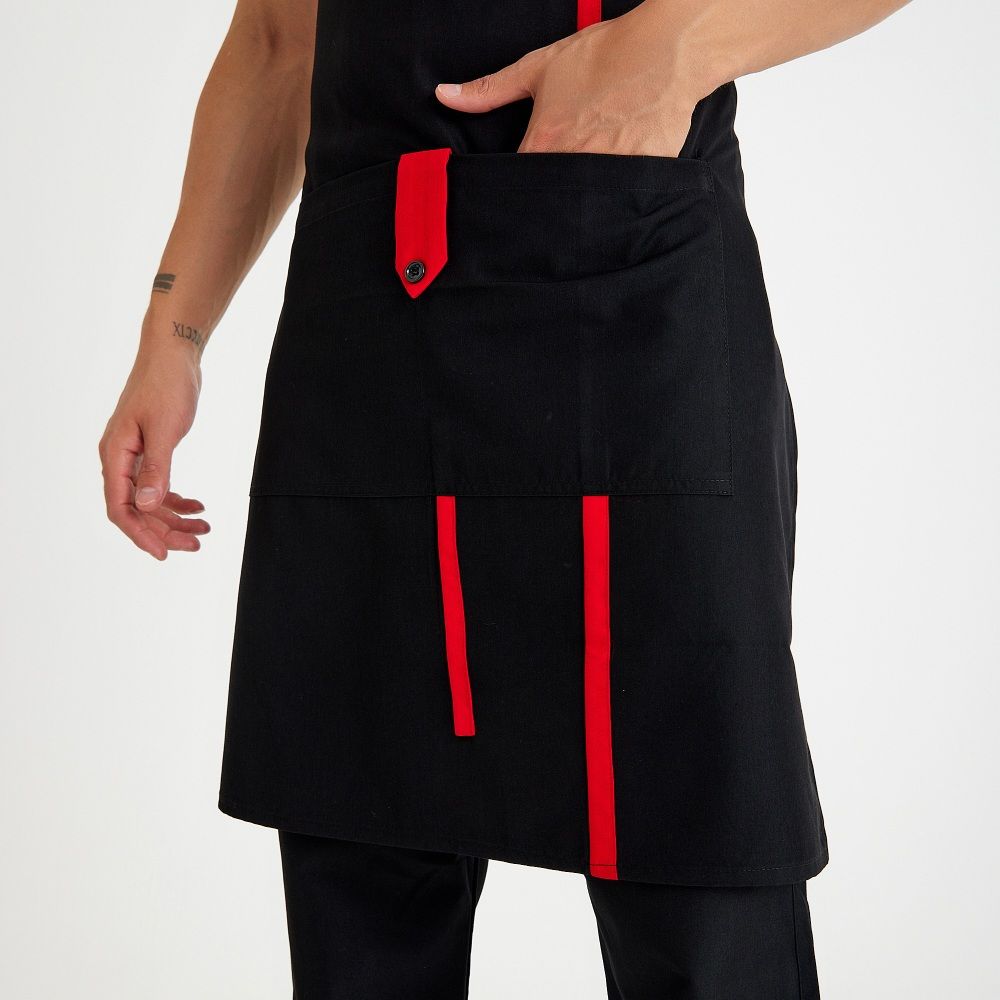 Siyah Kırmızı Askılı Cepli Önlük
