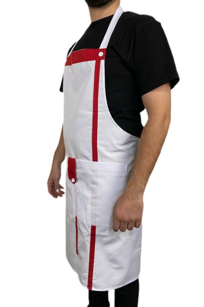 Beyaz Kırmızı Askılı Cepli Önlük