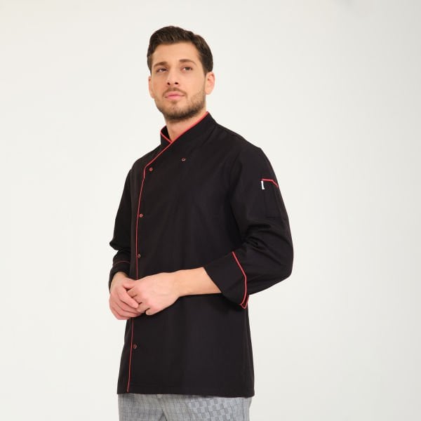 Siyah Kırmızı Biyeli Kruvaze Yaka Aşçı Ceketi