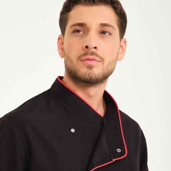 Siyah Kırmızı Biyeli Kruvaze Yaka Aşçı Ceketi