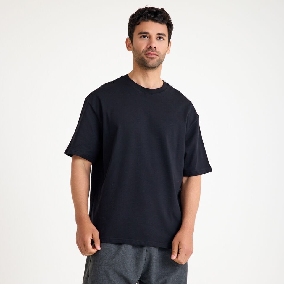 Oversize Bisiklet Yaka İş Tişörtü - Siyah