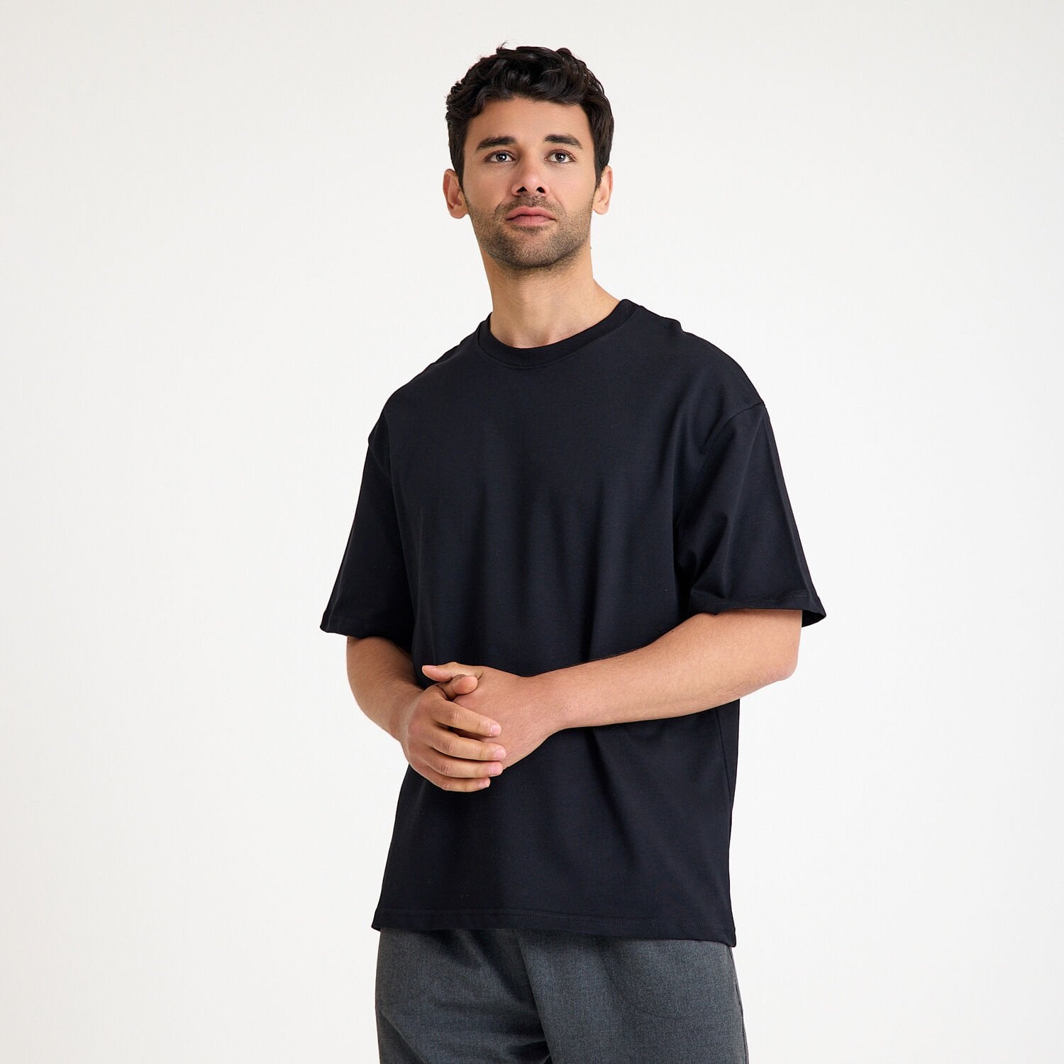 Oversize Bisiklet Yaka İş Tişörtü - Siyah