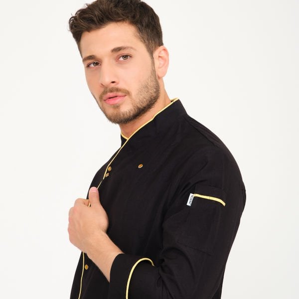 Siyah Sarı Biyeli Kruvaze Yaka Aşçı Ceketi