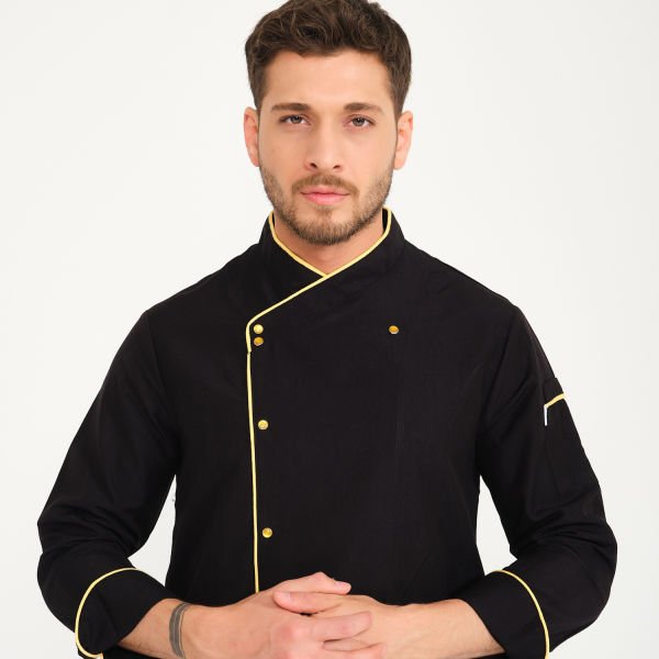 Siyah Sarı Biyeli Kruvaze Yaka Aşçı Ceketi