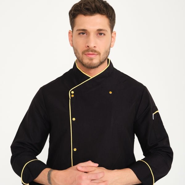 Siyah Sarı Biyeli Kruvaze Yaka Aşçı Ceketi