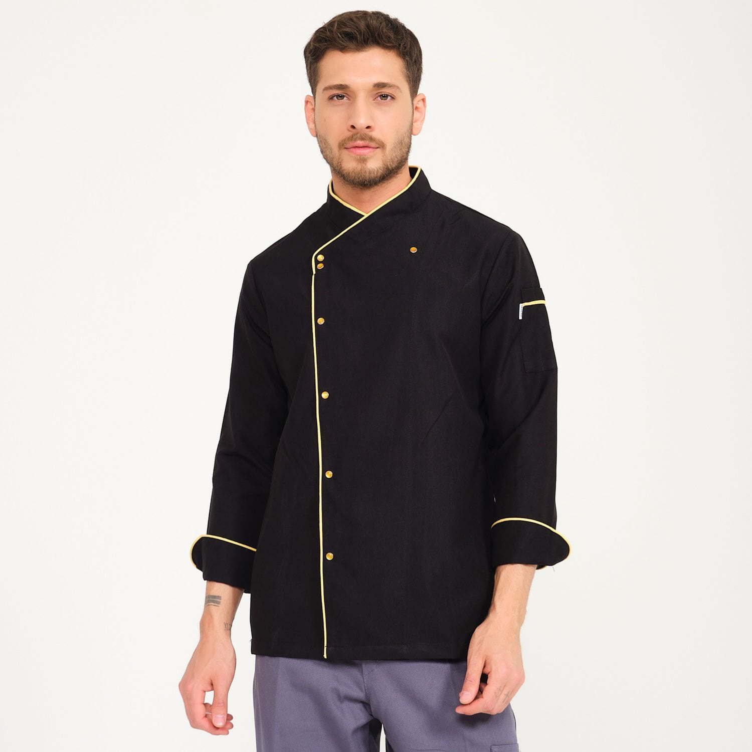 Siyah Sarı Biyeli Kruvaze Yaka Aşçı Ceketi