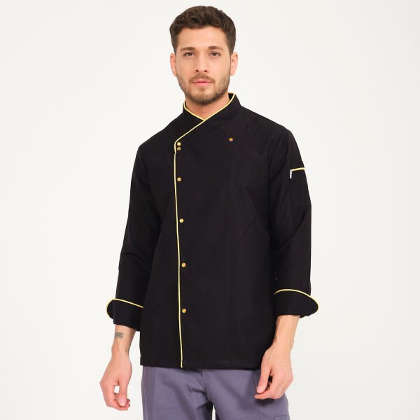 Siyah Sarı Biyeli Kruvaze Yaka Aşçı Ceketi