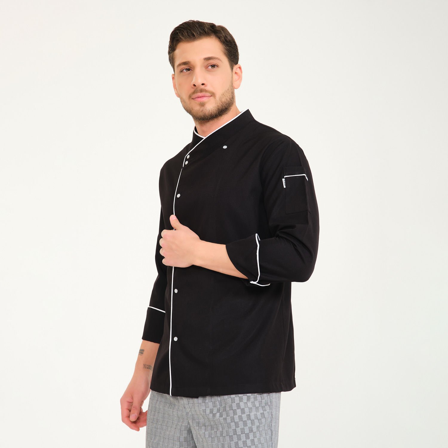 Siyah Beyaz Biyeli  Kruvaze Yaka Aşçı Ceketi