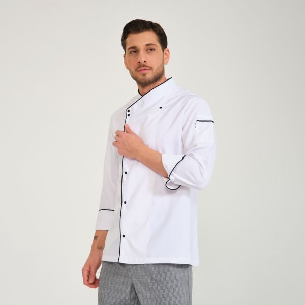 Beyaz Siyah Biyeli Kruvaze Yaka Aşçı Ceketi