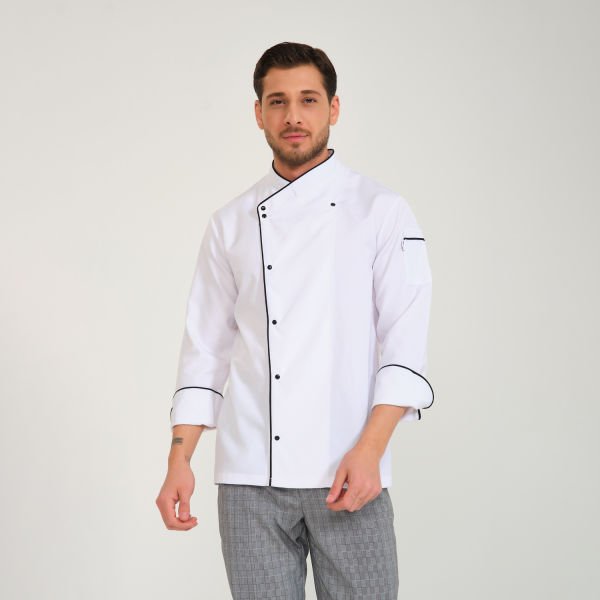 Beyaz Siyah Biyeli Kruvaze Yaka Aşçı Ceketi
