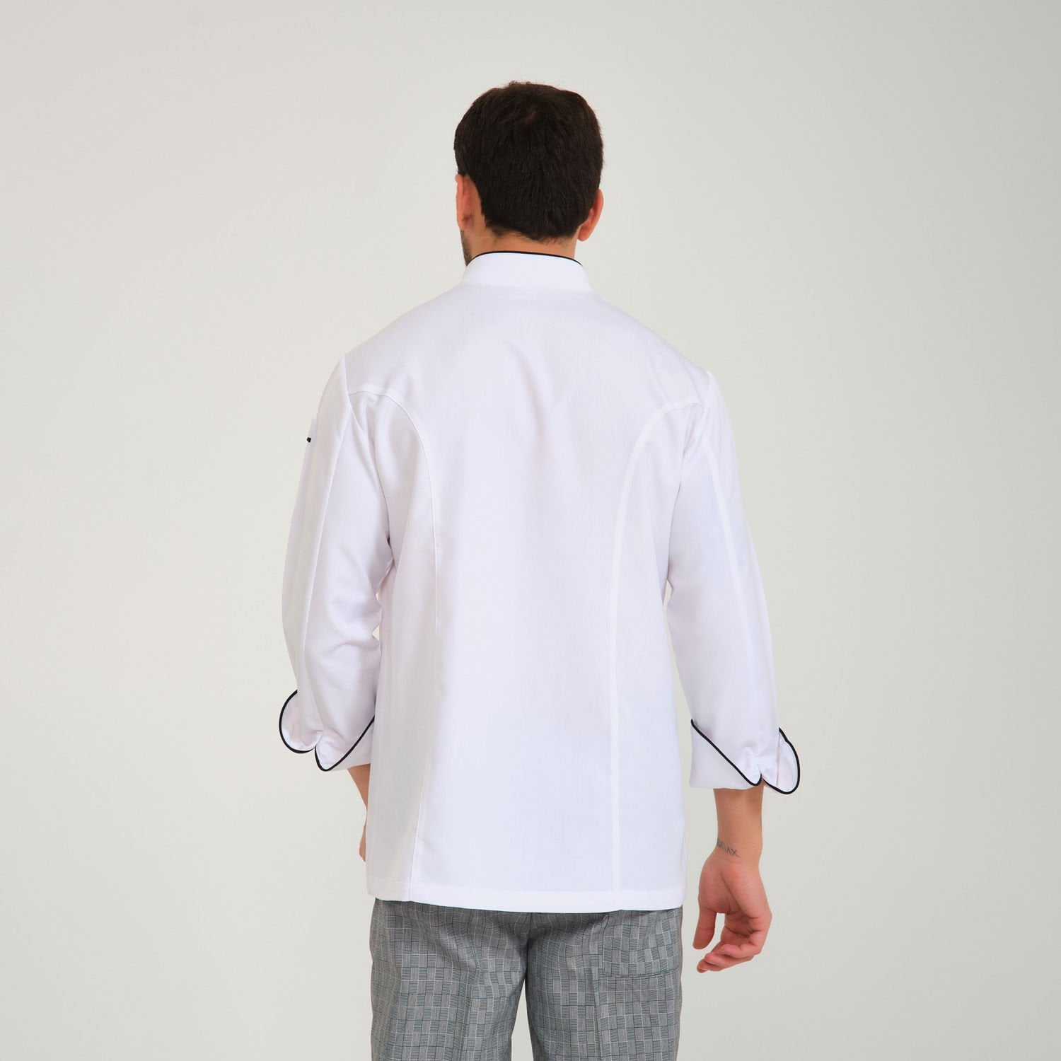 Beyaz Siyah Biyeli Kruvaze Yaka Aşçı Ceketi