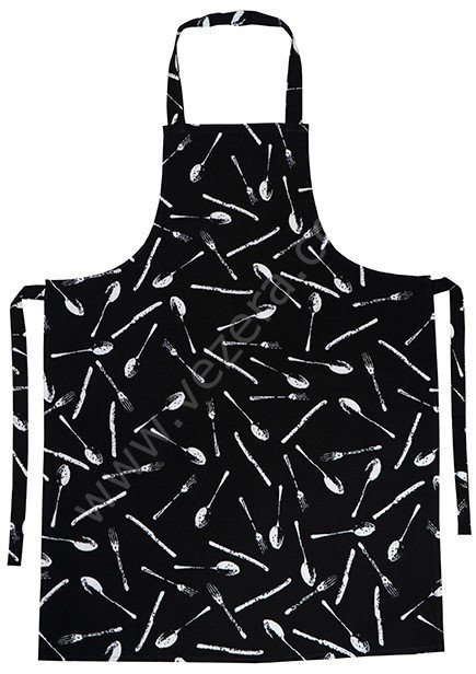 Siyah Çatal Bıçak Desenli Askılı Önlük