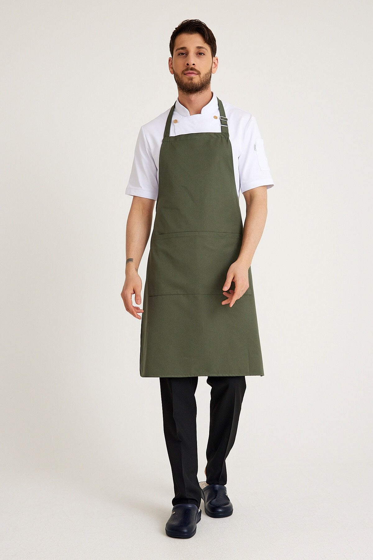 Gabardin Tokalı Askılı Önlük - Haki