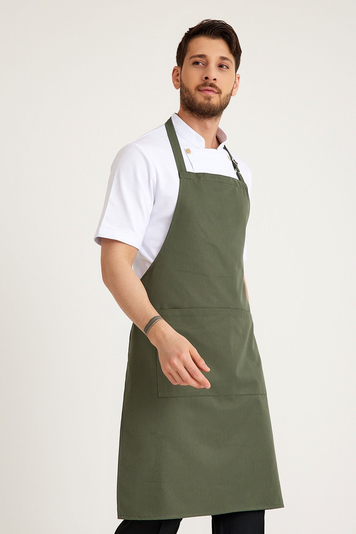 Gabardin Tokalı Askılı Önlük - Haki