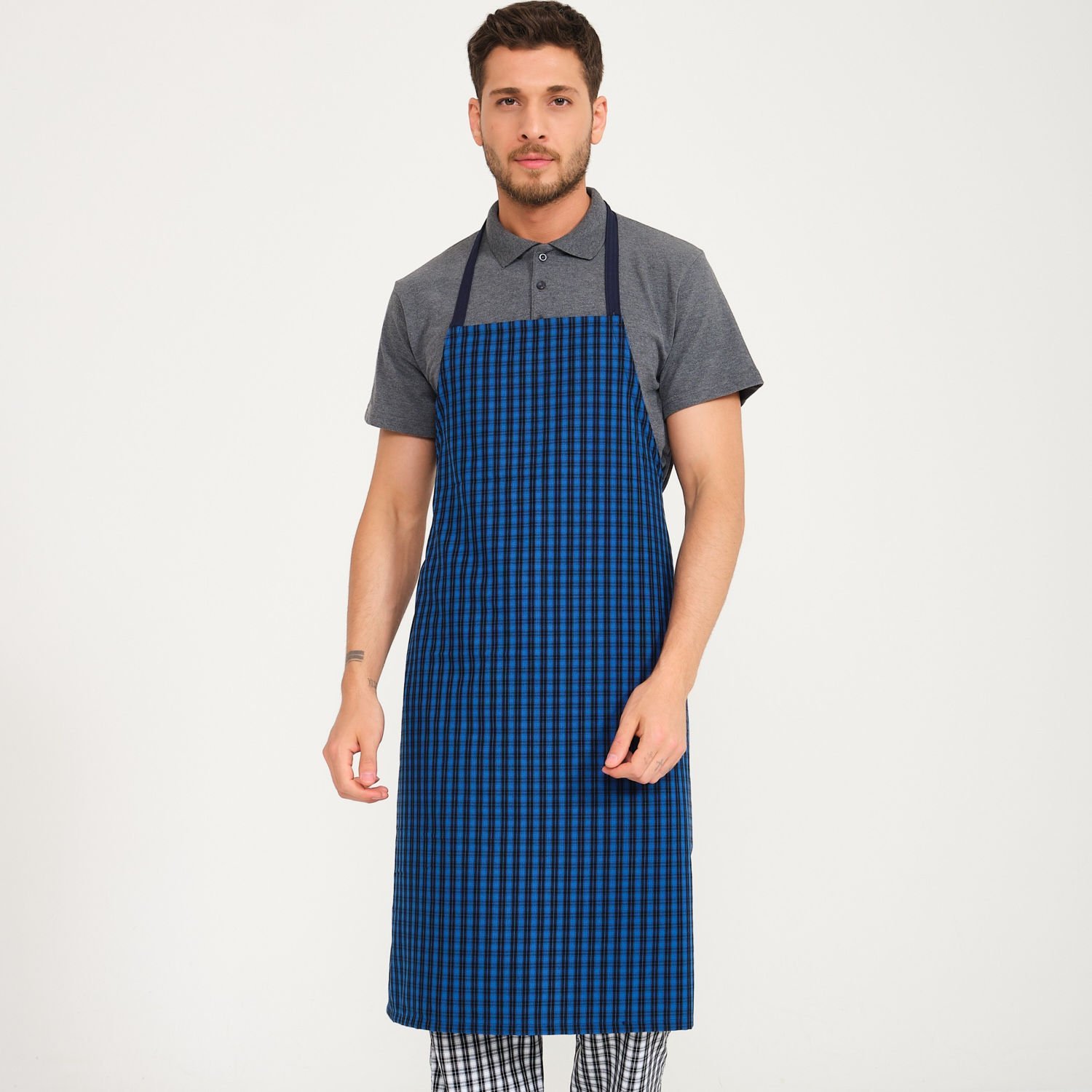 Mavi Ekose Desenli Askılı Önlük
