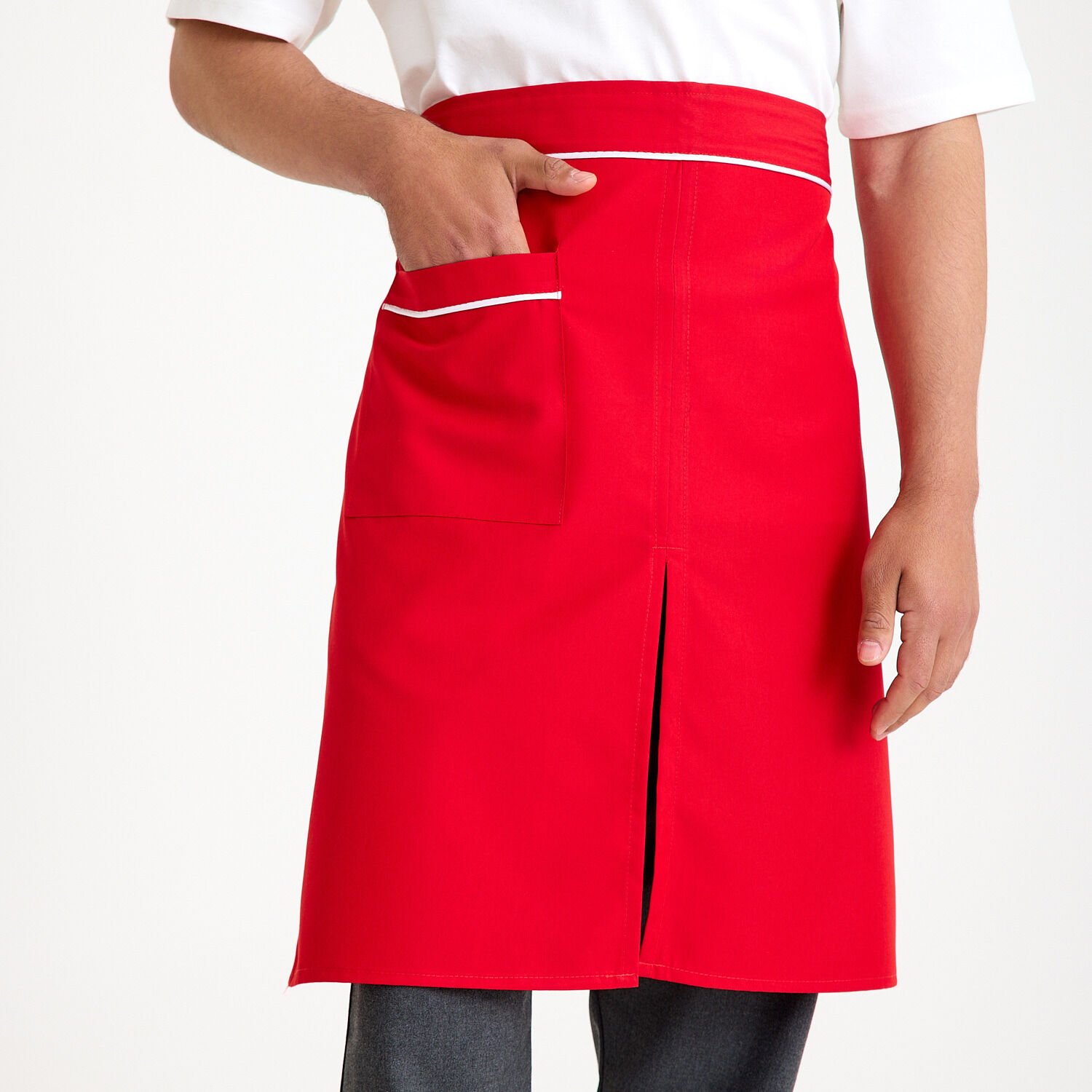 Kırmızı Yarım Önlük Beyazlı Tek Cepli