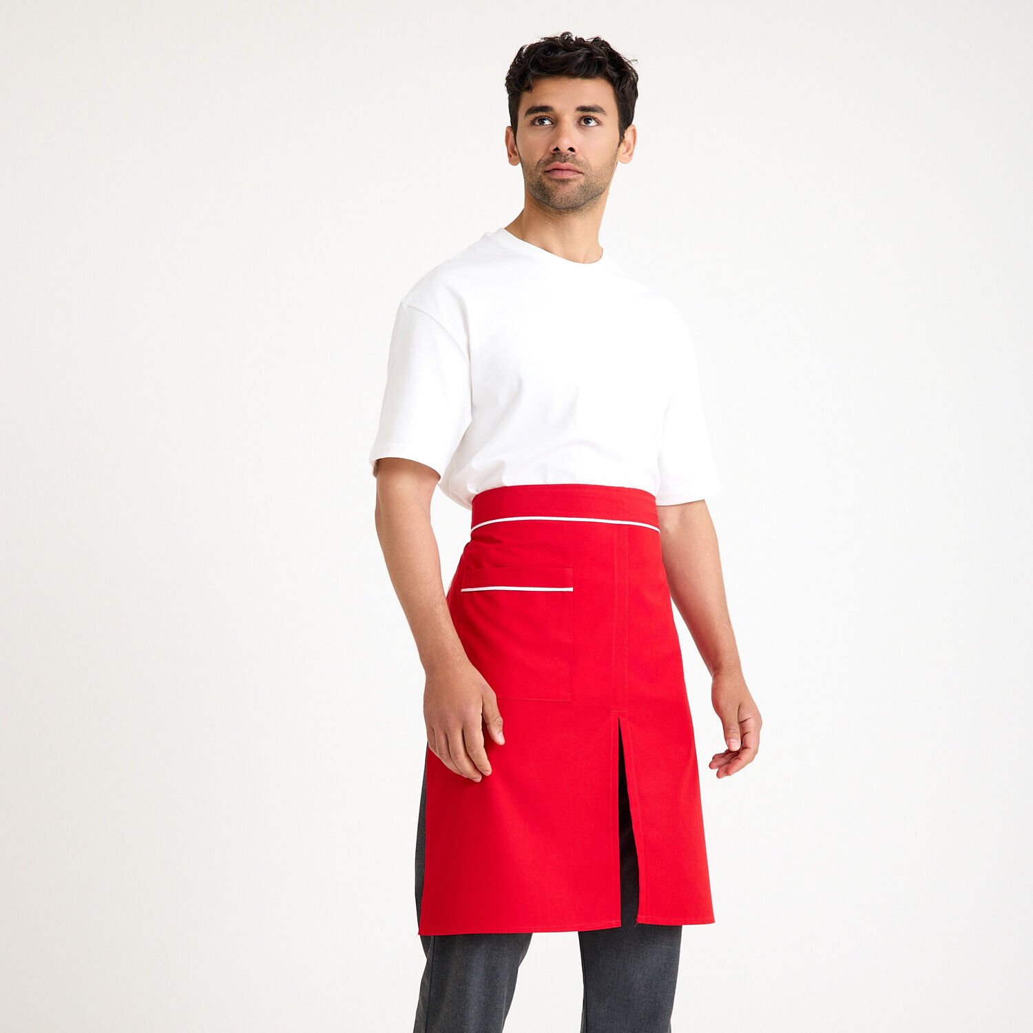 Kırmızı Yarım Önlük Beyazlı Tek Cepli