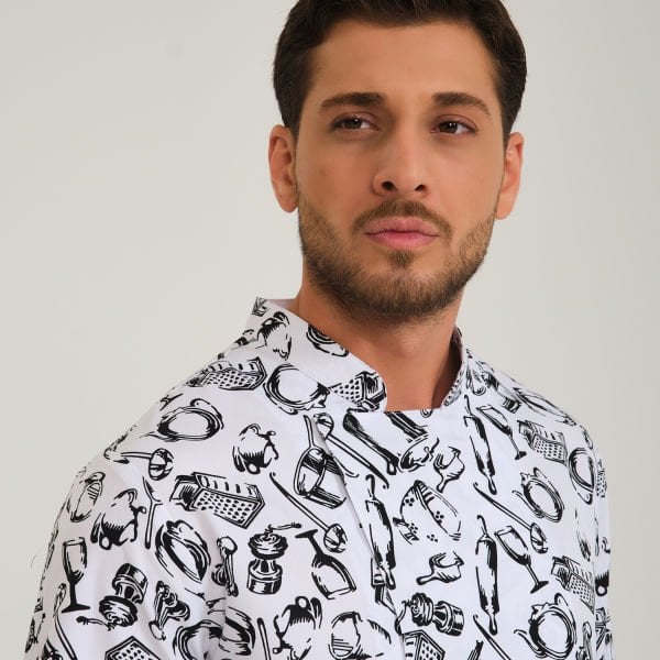 Beyaz Rende Desenli Hakim Yaka Aşçı Ceketi