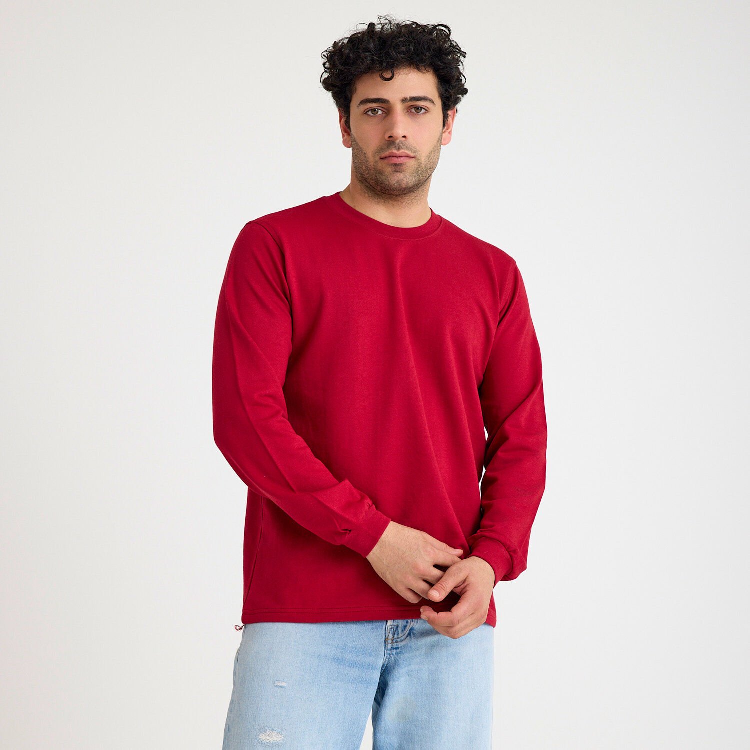 İki İplik Sweatshirt - Bisiklet Yaka | Bordo