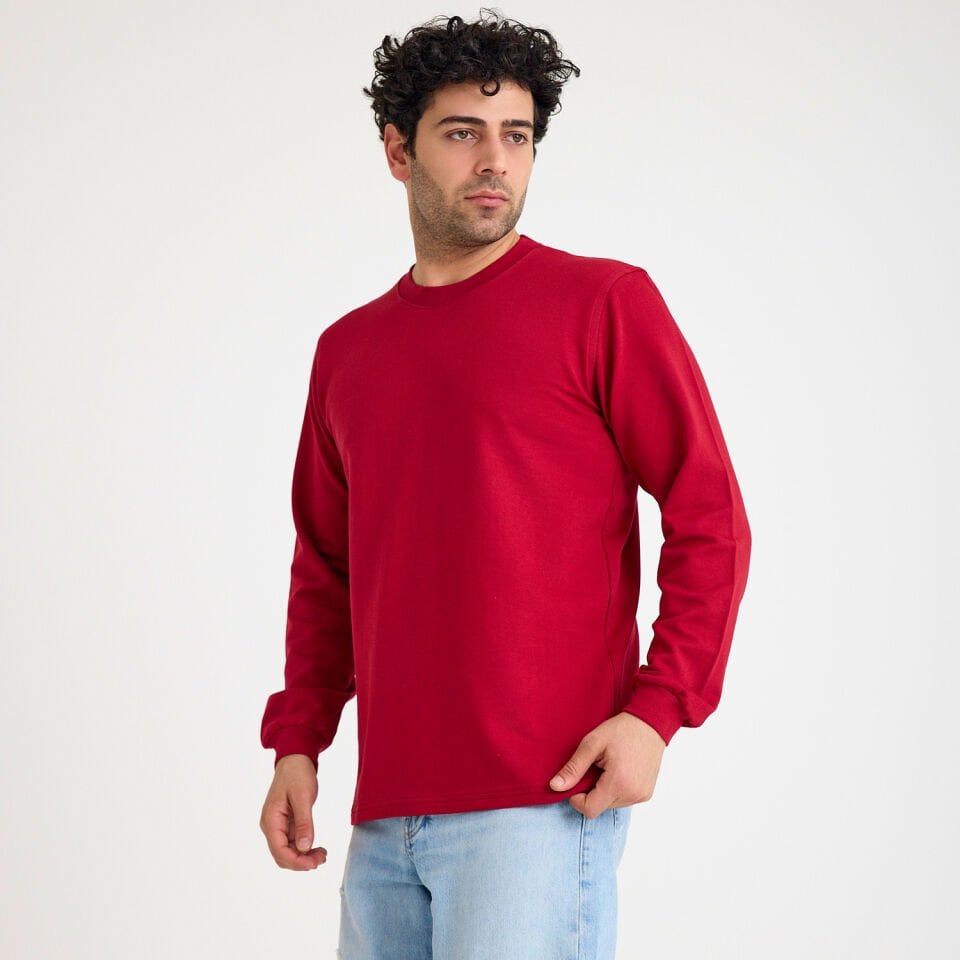 İki İplik Sweatshirt - Bisiklet Yaka | Bordo