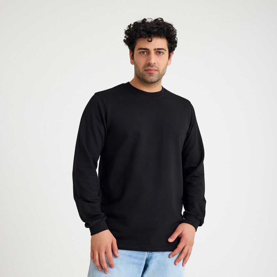 İki İplik Sweatshirt - Bisiklet Yaka | Siyah